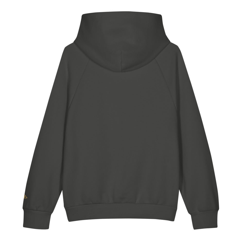 Atelier 560 Hoodie by ORTHIC in Asphalt, back, gold cuff mark
