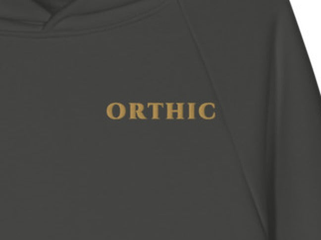 Atelier 560 Hoodie by ORTHIC in Asphalt, gold chest embroidery close-up