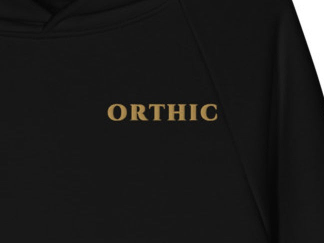 Atelier 560 Hoodie by ORTHIC in Black, gold chest embroidery close-up
