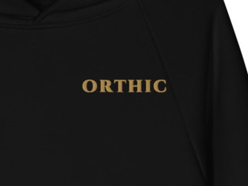 Atelier 560 Hoodie by ORTHIC in Black, gold chest embroidery close-up