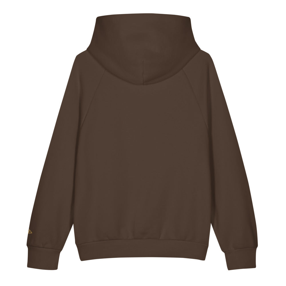 Atelier 560 Hoodie by ORTHIC in Chocolate Brown, back, gold cuff mark
