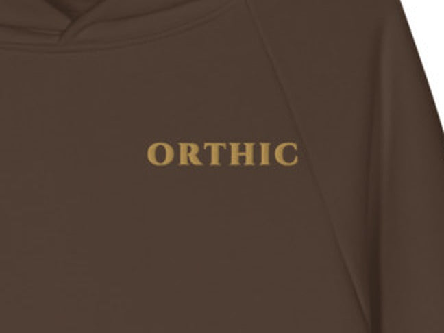 Atelier 560 Hoodie by ORTHIC in Chocolate Brown, gold chest embroidery close-up