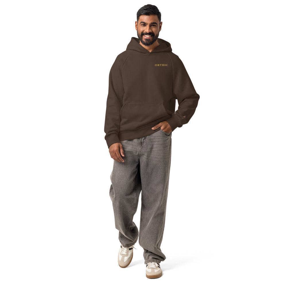 Atelier 560 Hoodie by ORTHIC in Chocolate Brown, on model