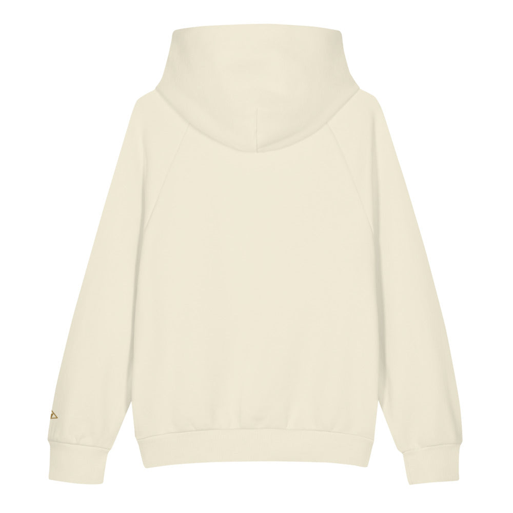 Atelier 560 Hoodie by ORTHIC in Cream, back, gold cuff mark