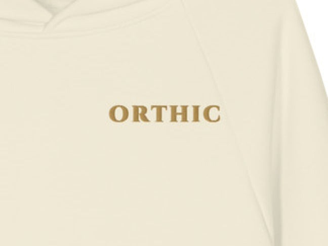 Atelier 560 Hoodie by ORTHIC in Cream, gold chest embroidery close-up