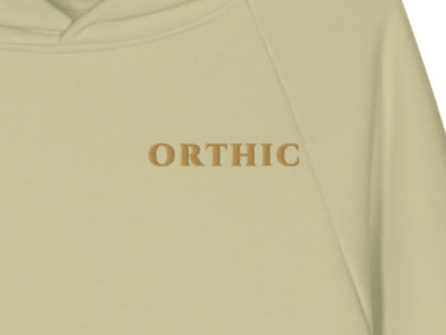Atelier 560 Hoodie by ORTHIC in Moss Gray, gold chest embroidery close-up