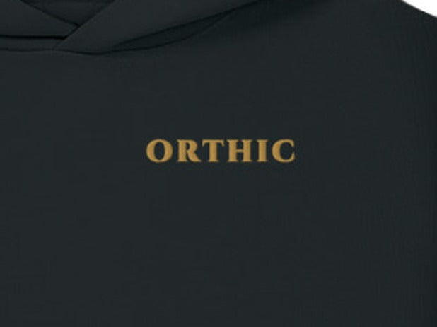 Atelier Sculpted Hoodie by ORTHIC in Black, gold chest embroidery close-up