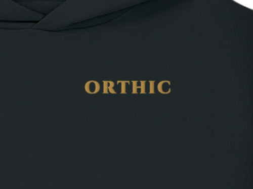 Atelier Sculpted Hoodie by ORTHIC in Black, gold chest embroidery close-up