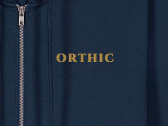 Atelier Zip Hoodie by ORTHIC in French Navy, gold chest embroidery close-up