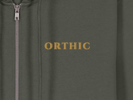 Atelier Zip Hoodie by ORTHIC in Loden, gold chest embroidery close-up