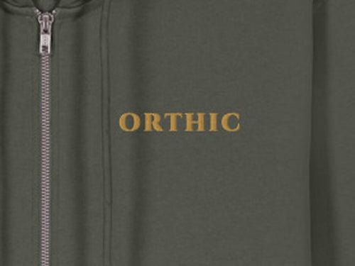 Atelier Zip Hoodie by ORTHIC in Loden, gold chest embroidery close-up