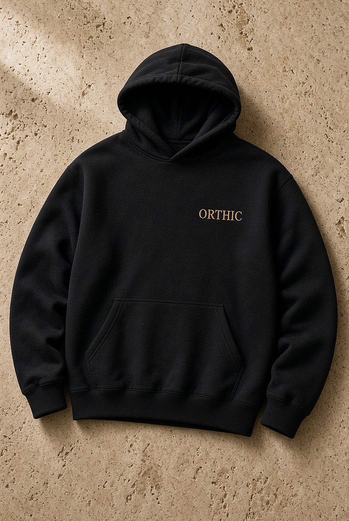 Styled lifestyle image (mood only; lettering differs from the actual embroidery)