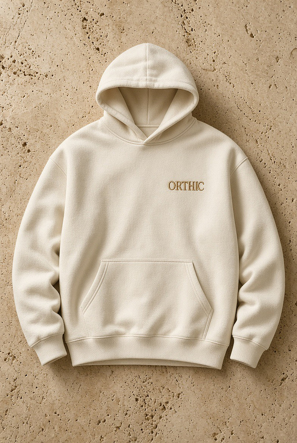 Styled lifestyle image (mood only; lettering differs from the actual embroidery)